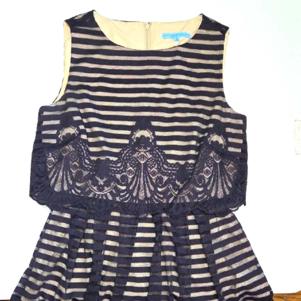 Antonio Melani navy lace dress with nude lining